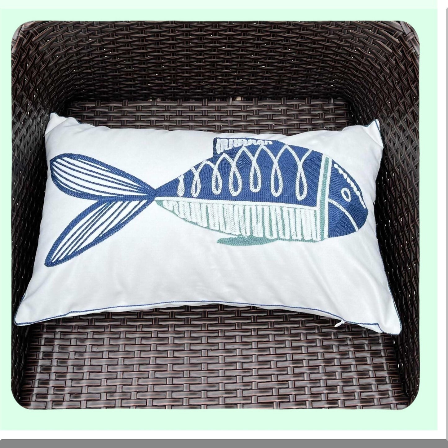 Nautical Fish Embroidered Pillow Cover - Navy Decorative Canvas 12X20 inches with Distinctive Navy Fish Pattern