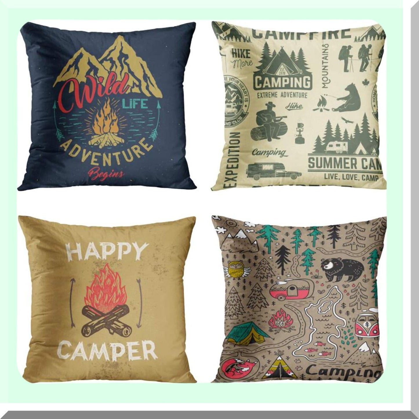 Mountain Campfire Adventure Pillow Covers - Set of 4 Vintage Decorative Cases for Home Decor, Forest Camping Theme, Square 16x16 Inches