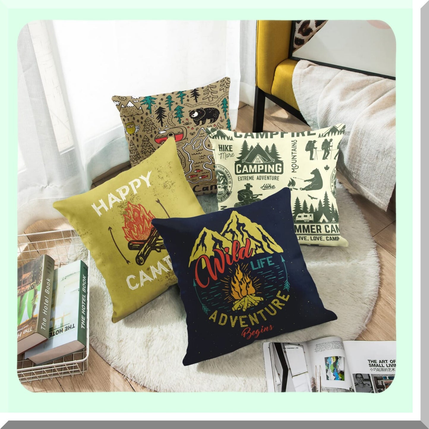 Mountain Campfire Adventure Pillow Covers - Set of 4 Vintage Decorative Cases for Home Decor, Forest Camping Theme, Square 16x16 Inches
