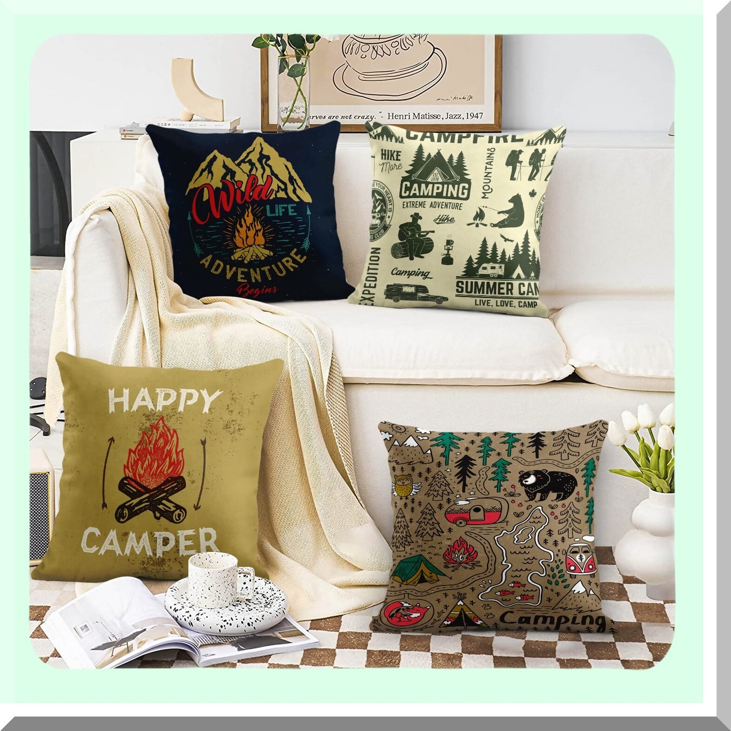 Mountain Campfire Adventure Pillow Covers - Set of 4 Vintage Decorative Cases for Home Decor, Forest Camping Theme, Square 16x16 Inches