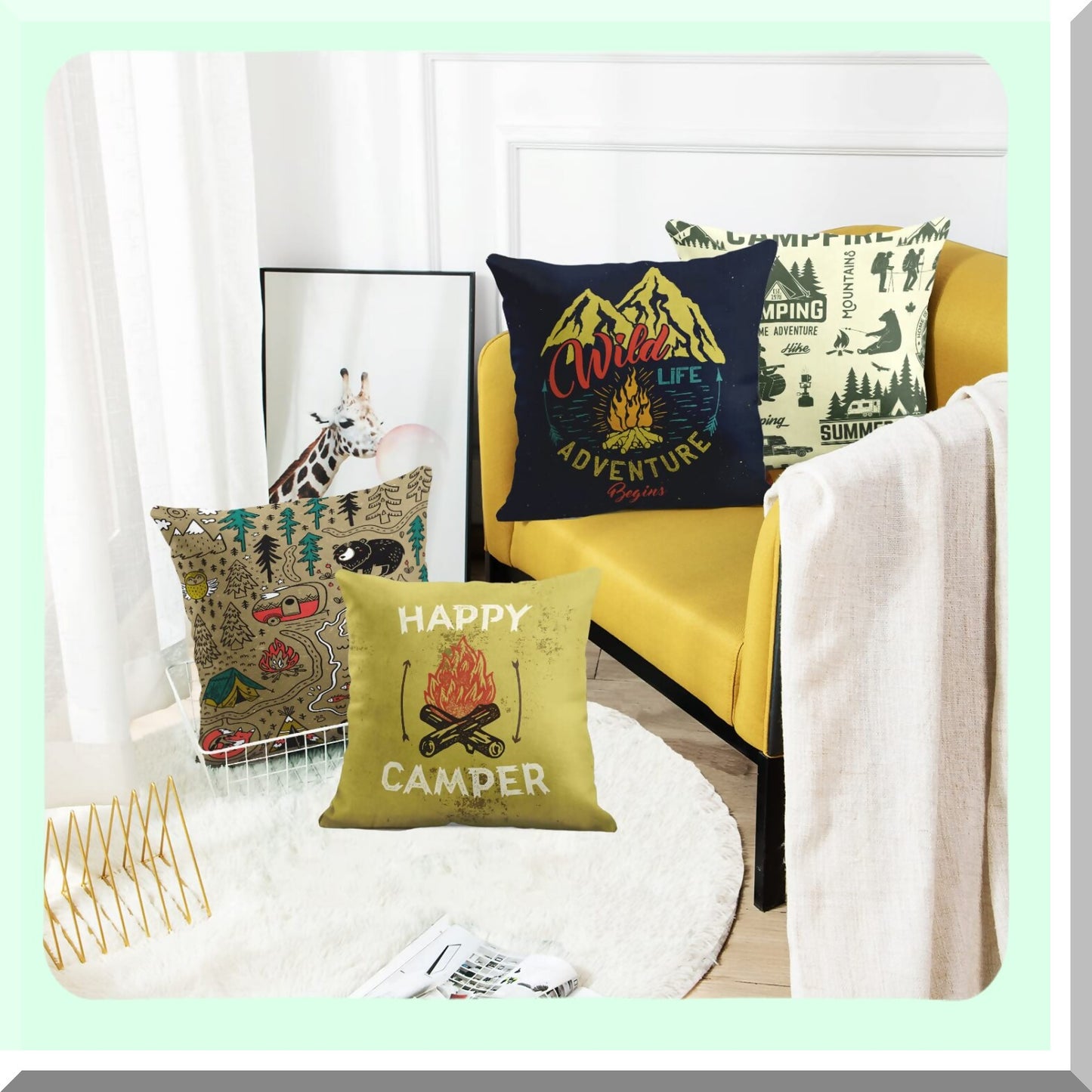 Mountain Campfire Adventure Pillow Covers - Set of 4 Vintage Decorative Cases for Home Decor, Forest Camping Theme, Square 16x16 Inches