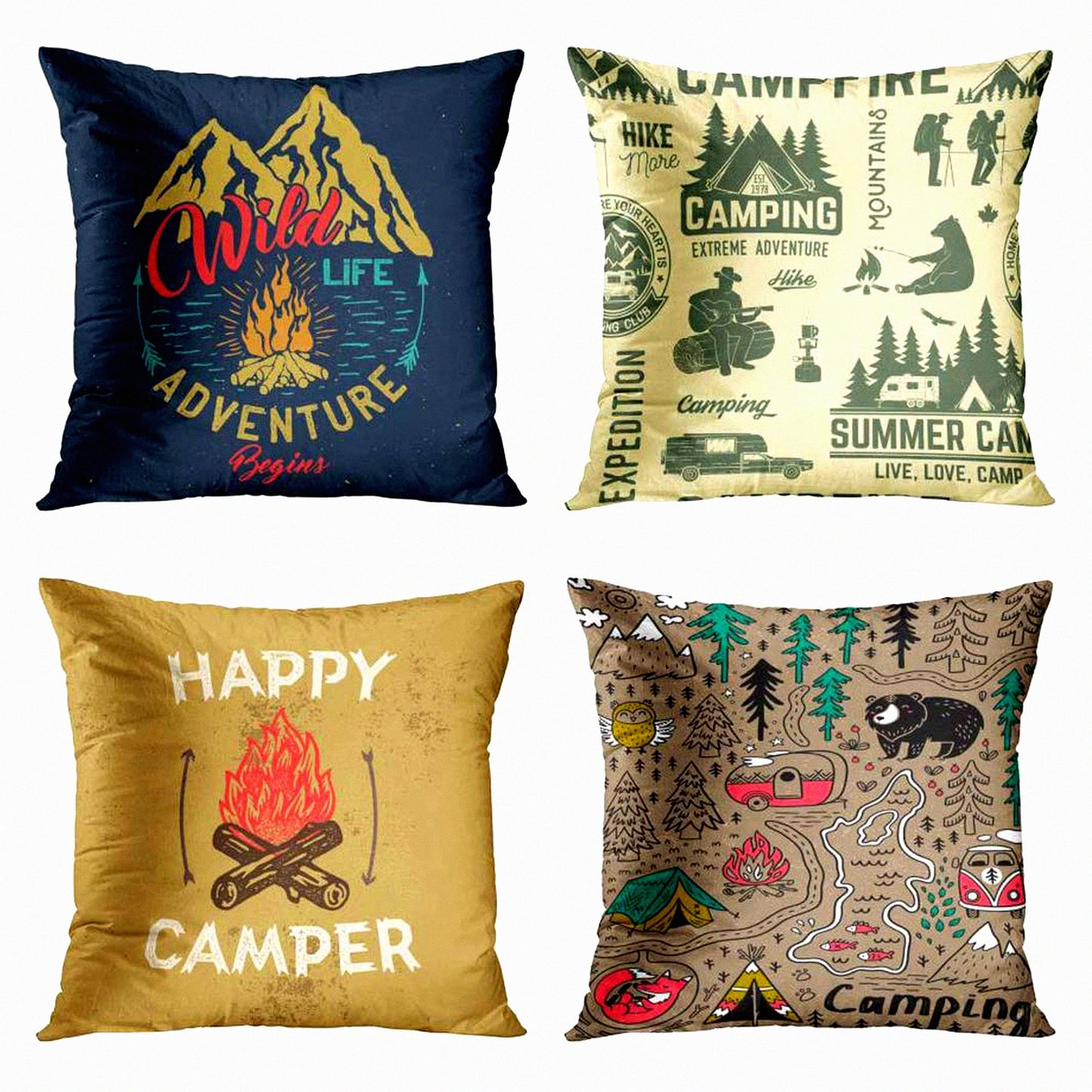 Mountain Campfire Adventure Pillow Covers - Set of 4 Vintage Decorative Cases for Home Decor, Forest Camping Theme, Square 16x16 Inches