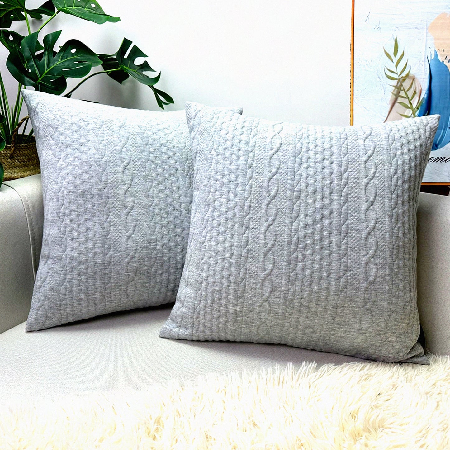 Elegant Grey Embossed Pillow Covers - Set of 2 Modern Farmhouse Cushion Cases for Sofa Bed Car Chair - Soft Gray Throw Pillowcases 18x18 inch
