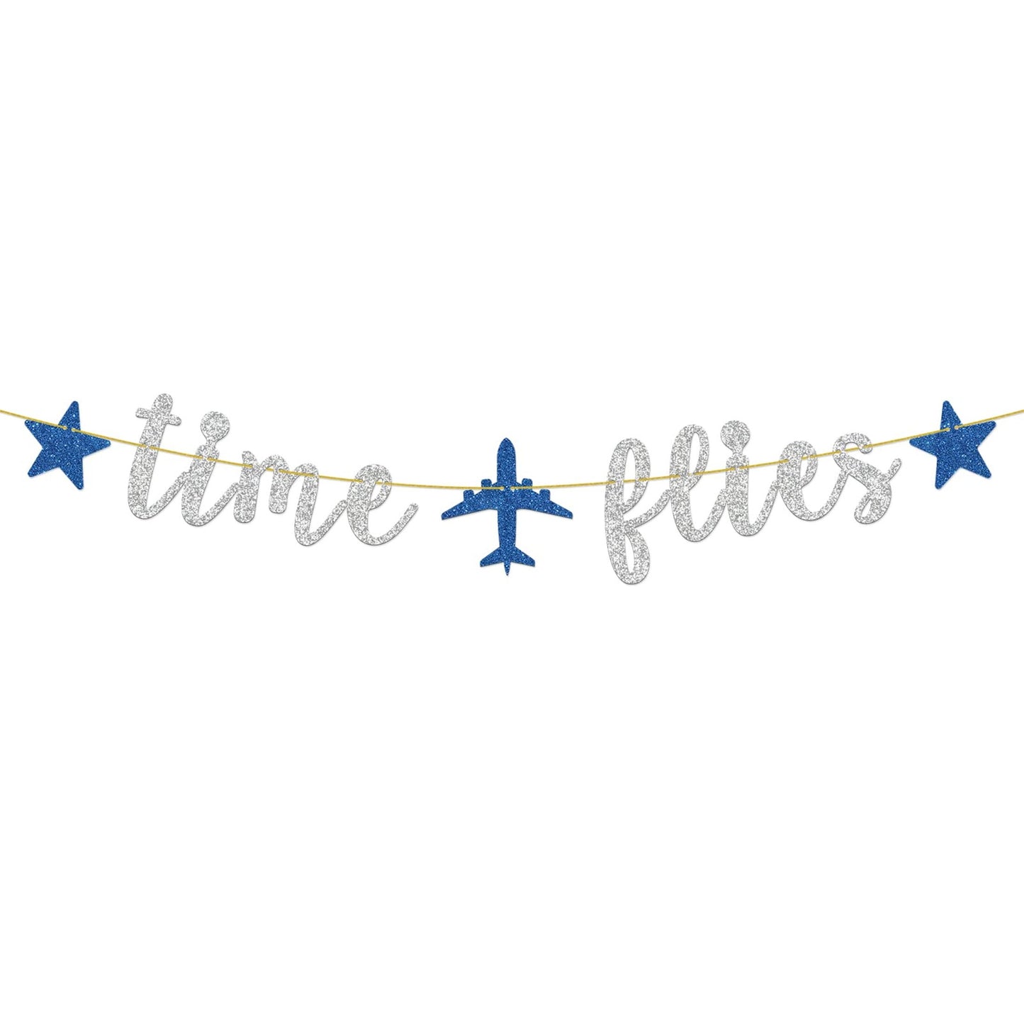 Airborne Adventure Banner - Airplane Themed Birthday Decorations for Kids and Baby Showers. Perfect for Campsite Aviator Travel Decor with Silver Glitter accents.
