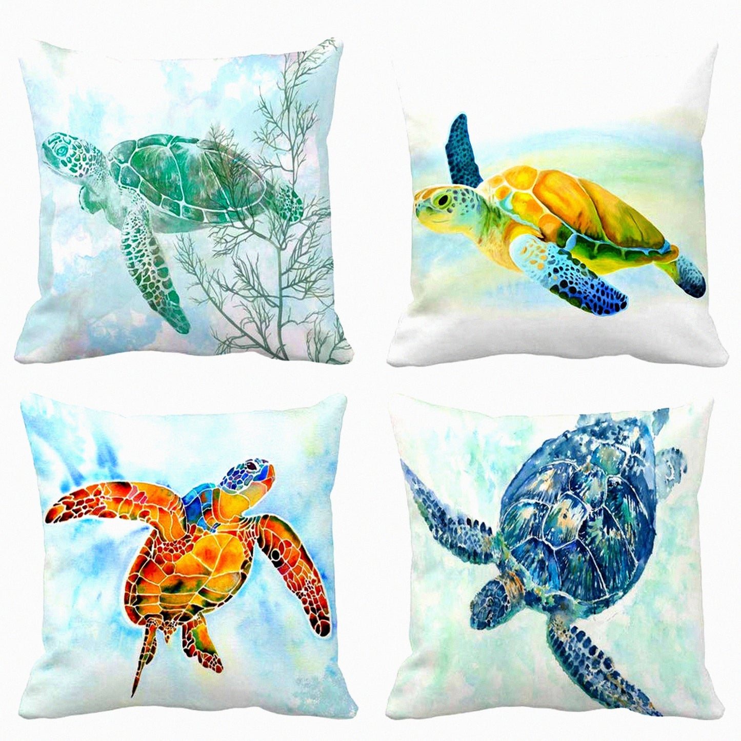 Ocean Turtle Seas Marine Animal Watercolor Pillowcase Set - Super Soft Decorative Cushion Cover for Home Sofa Bed, Coastal Pillow Covers 18"X18" (Set of 4)