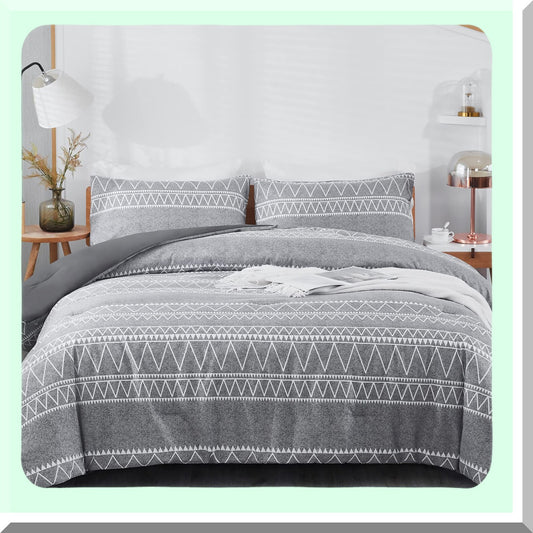 Boho Gray Reversible Comforter Set - 3 Piece Queen Bedding Set with Pillow Shams - All Season Queen Comforter - 90x90inches - Soft and Stylish