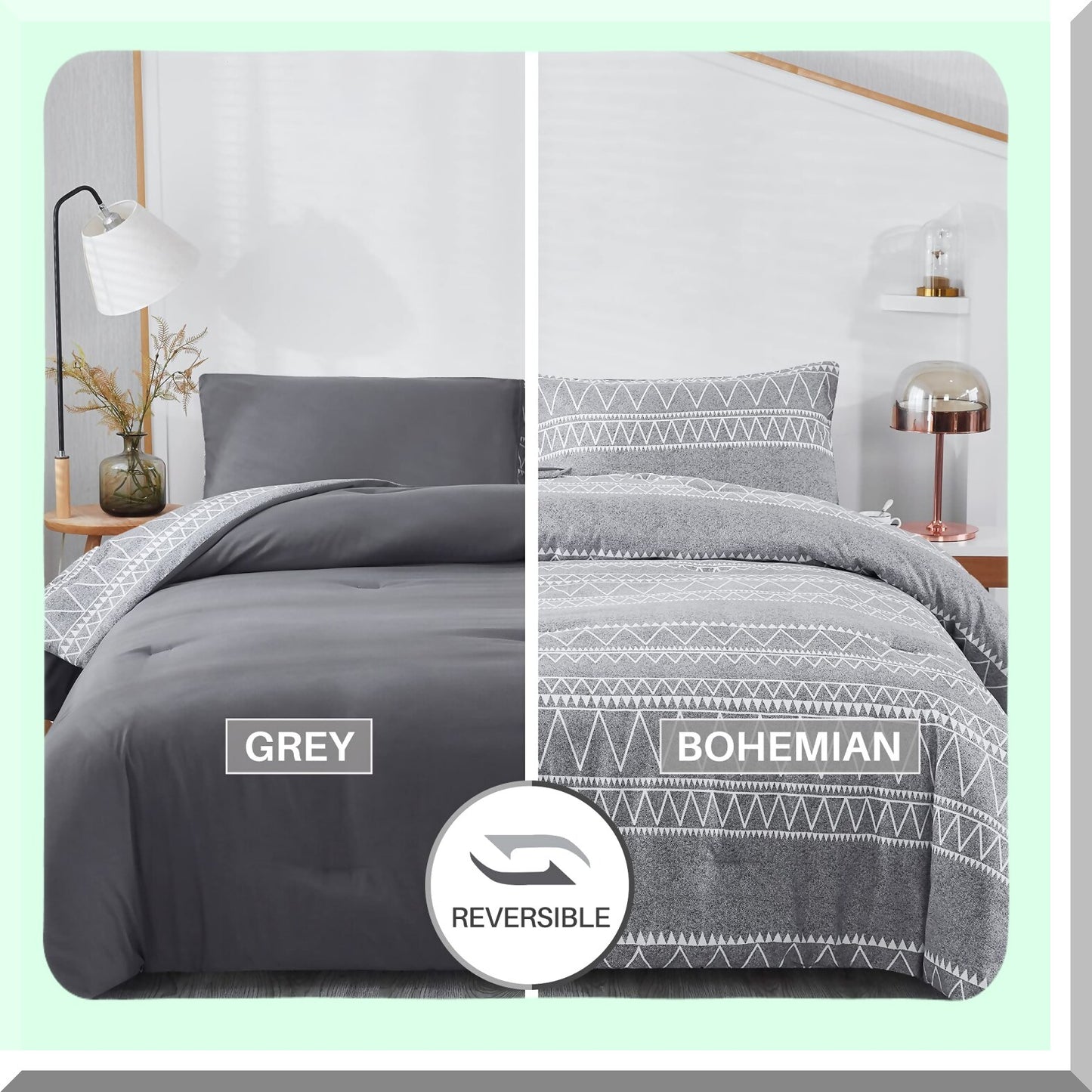 Boho Gray Reversible Comforter Set - 3 Piece Queen Bedding Set with Pillow Shams - All Season Queen Comforter - 90x90inches - Soft and Stylish