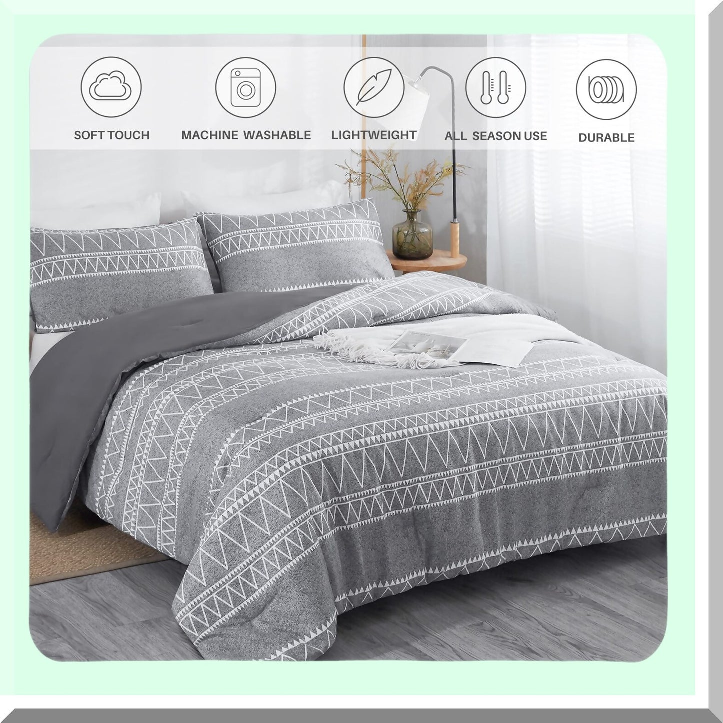 Boho Gray Reversible Comforter Set - 3 Piece Queen Bedding Set with Pillow Shams - All Season Queen Comforter - 90x90inches - Soft and Stylish