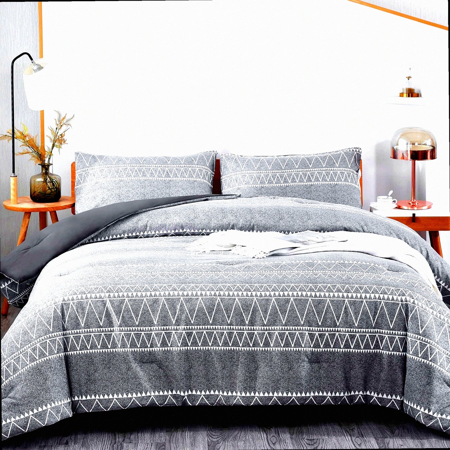 Boho Gray Reversible Comforter Set - 3 Piece Queen Bedding Set with Pillow Shams - All Season Queen Comforter - 90x90inches - Soft and Stylish
