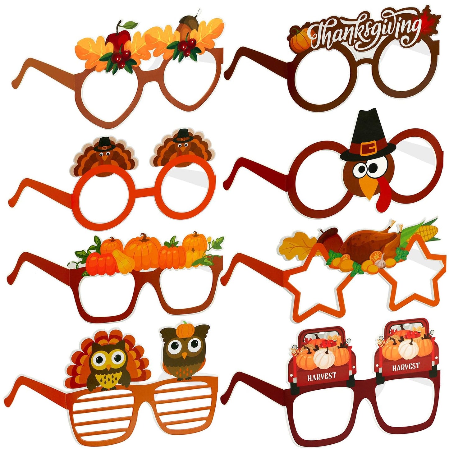 Thanksgiving Harvest Photo Booth Props - Set of 24 Funny Turkey, Pumpkin, and Maple Leaf Paper Glasses for Kids Birthday Party Favors and Fall Harvest Celebrations