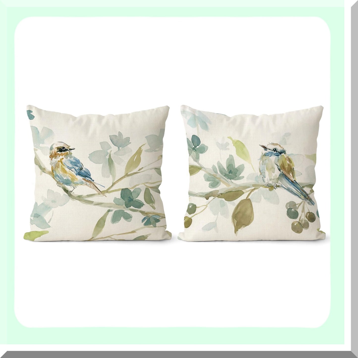 Fall Farmhouse Birds Linen Pillow Covers - Set of 2 18x18 Decorative Cushion Cases with Leaves Print in Green for Living Room & Bedroom, Outdoor Couch Home Decor