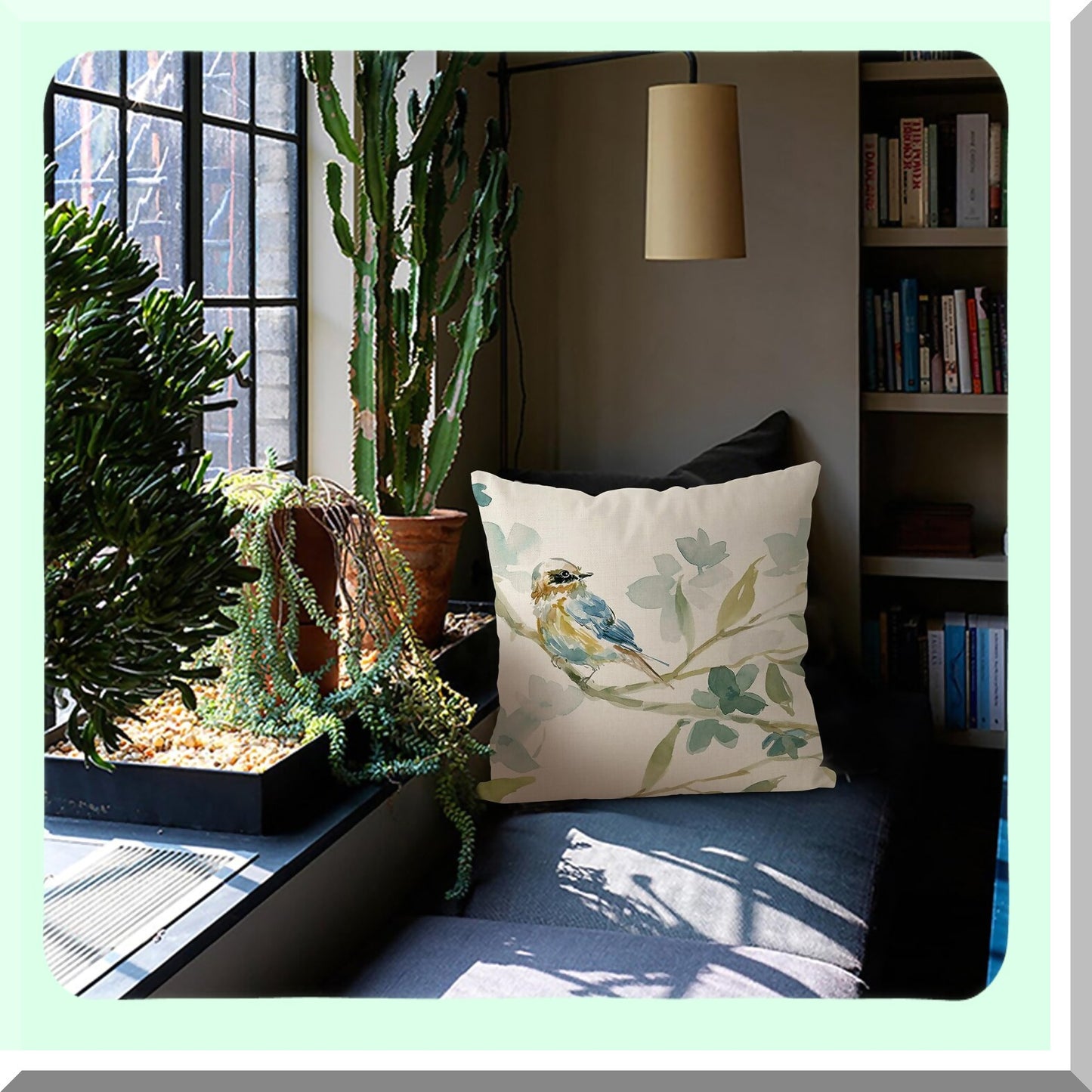 Fall Farmhouse Birds Linen Pillow Covers - Set of 2 18x18 Decorative Cushion Cases with Leaves Print in Green for Living Room & Bedroom, Outdoor Couch Home Decor