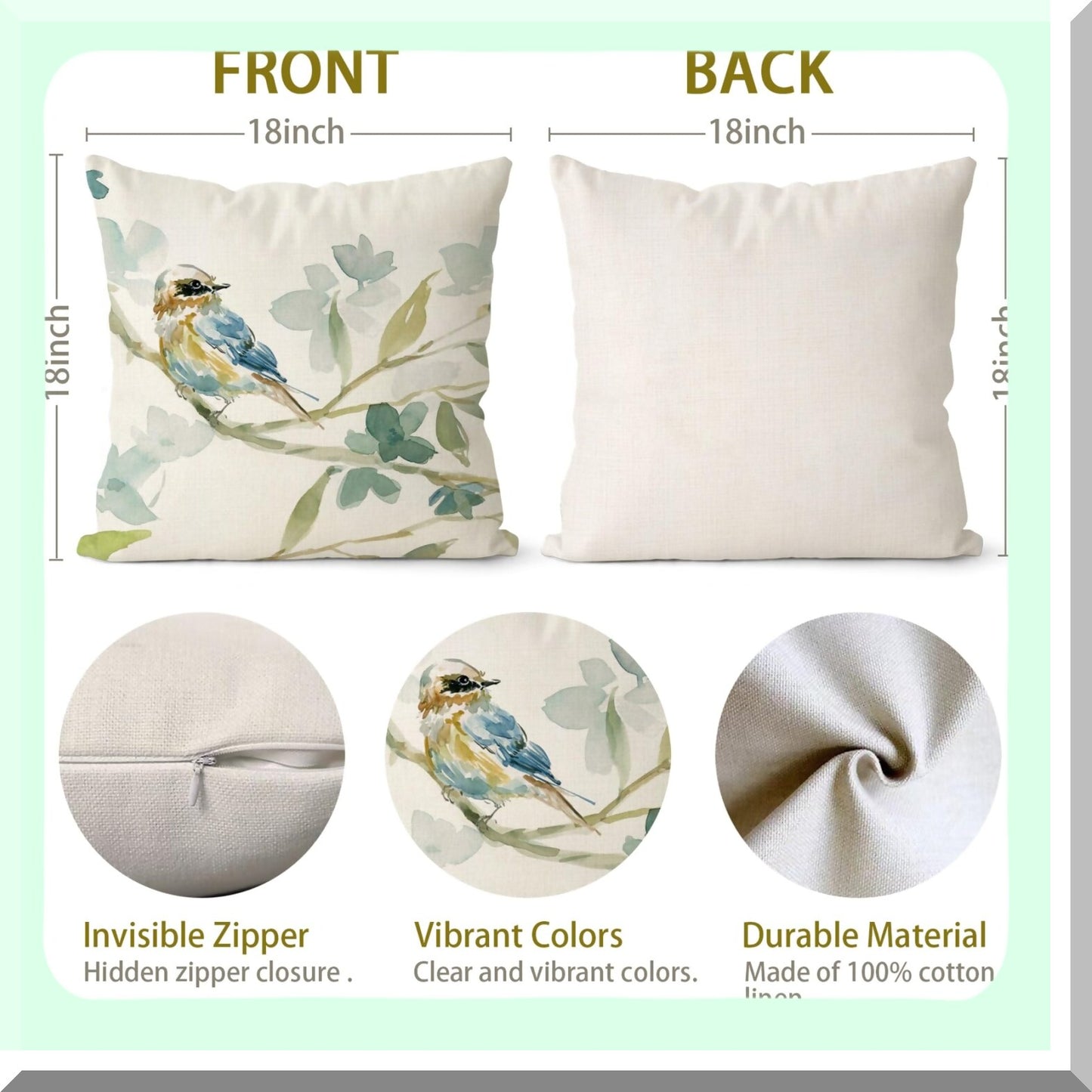 Fall Farmhouse Birds Linen Pillow Covers - Set of 2 18x18 Decorative Cushion Cases with Leaves Print in Green for Living Room & Bedroom, Outdoor Couch Home Decor