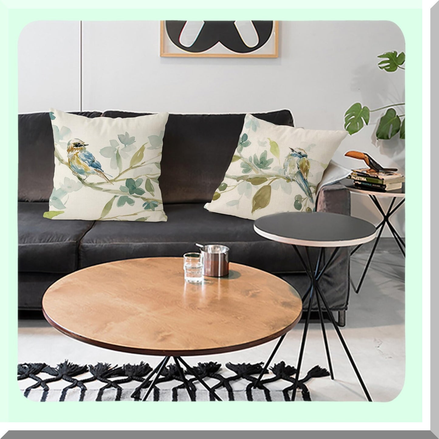 Fall Farmhouse Birds Linen Pillow Covers - Set of 2 18x18 Decorative Cushion Cases with Leaves Print in Green for Living Room & Bedroom, Outdoor Couch Home Decor