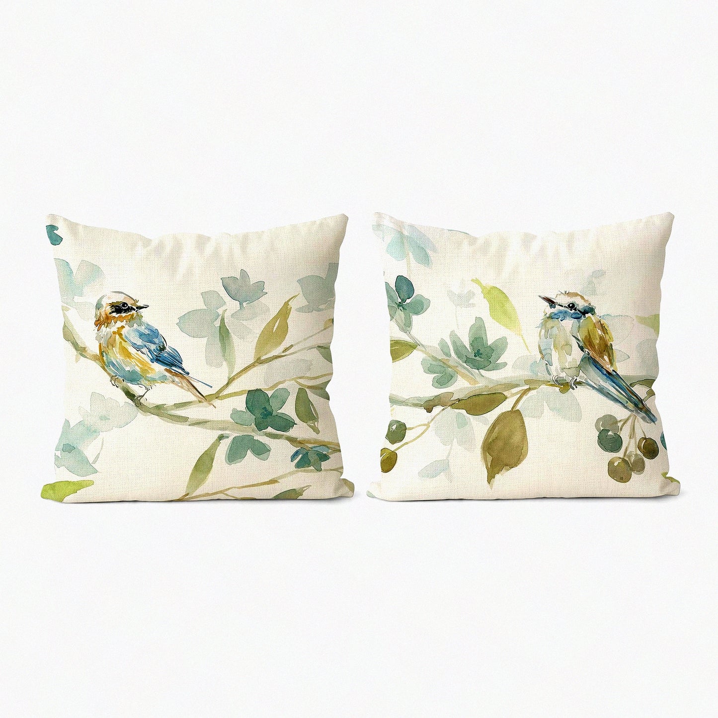 Fall Farmhouse Birds Linen Pillow Covers - Set of 2 18x18 Decorative Cushion Cases with Leaves Print in Green for Living Room & Bedroom, Outdoor Couch Home Decor