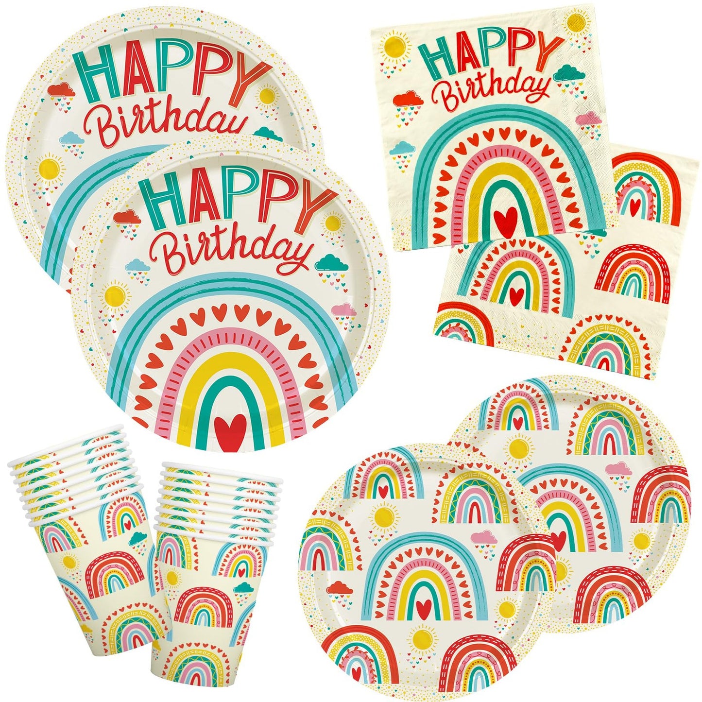 Retro Rainbow Party Pack - Vibrant Disposable Plates, Cups & Napkins for 16 Guests - Fun Colorful Design for Boys & Girls - Birthday Supplies Set