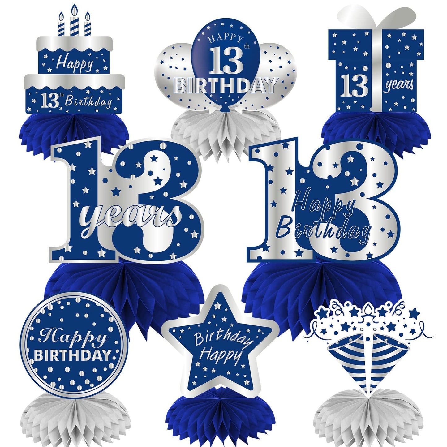 Blue Silver 13th Birthday Honeycomb Centerpieces - Set of 8 | Boy's Thirteenth Year Party Table Decorations | Teen Birthday Table Topper Kit