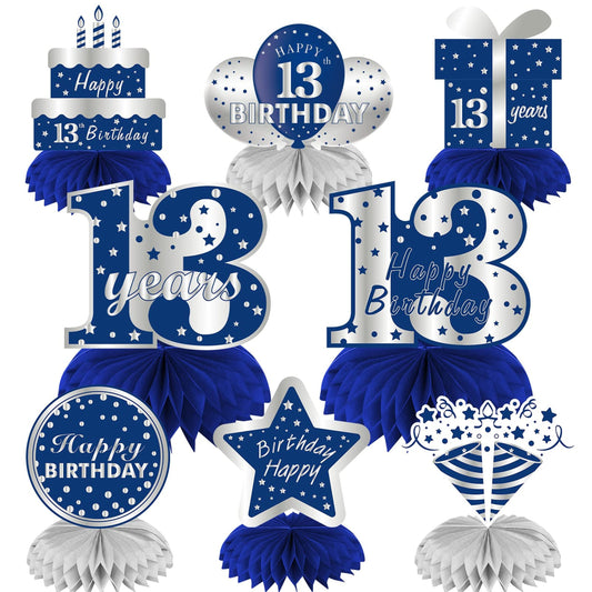 Blue Silver 13th Birthday Honeycomb Centerpieces - Set of 8 | Boy's Thirteenth Year Party Table Decorations | Teen Birthday Table Topper Kit