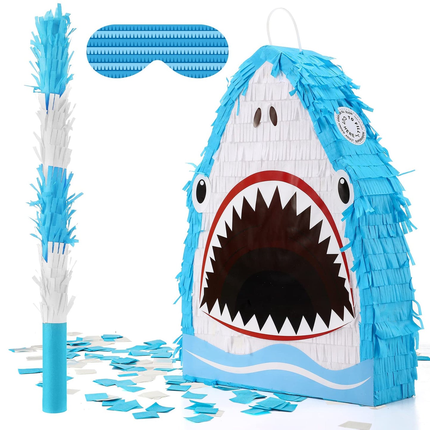 Fiesta Fun Pinata Pack - 16.5" Mexican Pinata Set with Blindfold & Bat - Birthday Party Decorations for Kids & Adults - Shark Theme Party Supplies