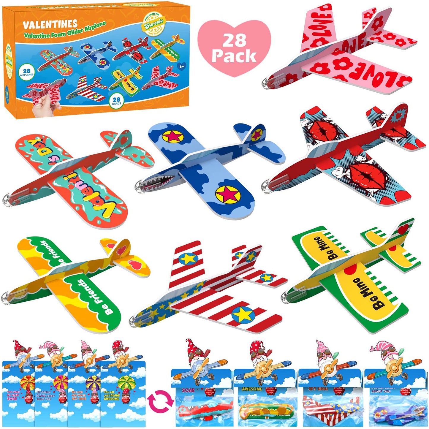 Valentine's Foam Flyer Fun Pack - 28 Airplanes & Greeting Cards for Kids! Perfect School Prize & Clroom Exchange Gift Set for Valentine's Day Party!