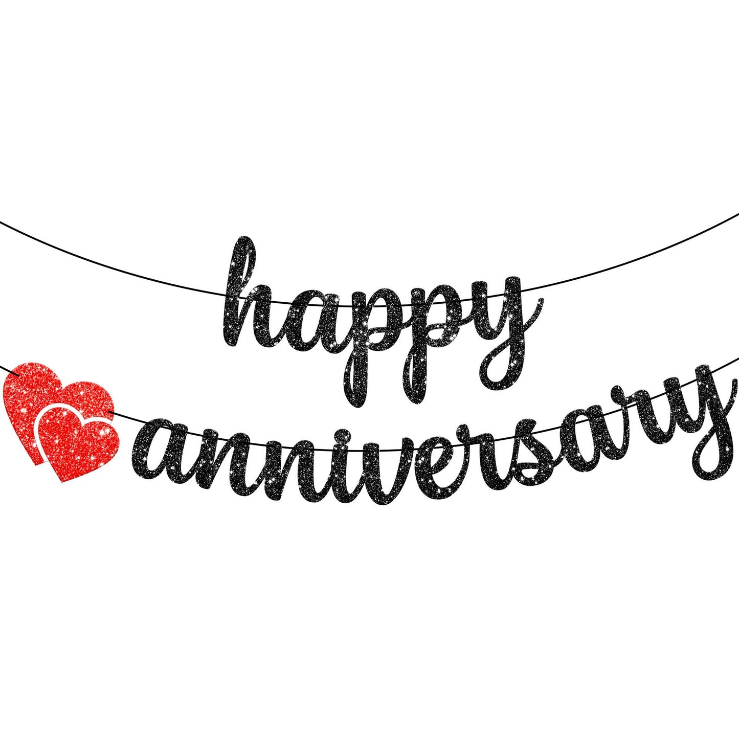 Glitter Black Anniversary Banner - 10ft Happy Anniversary Sign for Romantic Party Decor - No DIY Wedding Decorations - Black Anniversary Theme