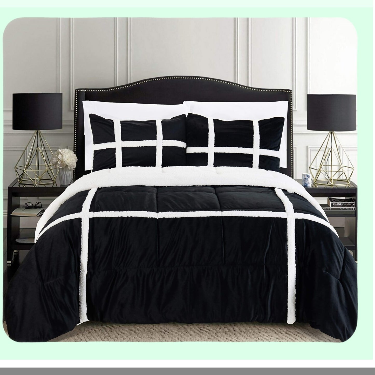 Luxury Plush Stripe Sherpa Comforter Set - Full/Queen Black - Soft Cozy Micromink Down Alternative Micro-Suede Reversible Bedding - Heavy Weight Quality
