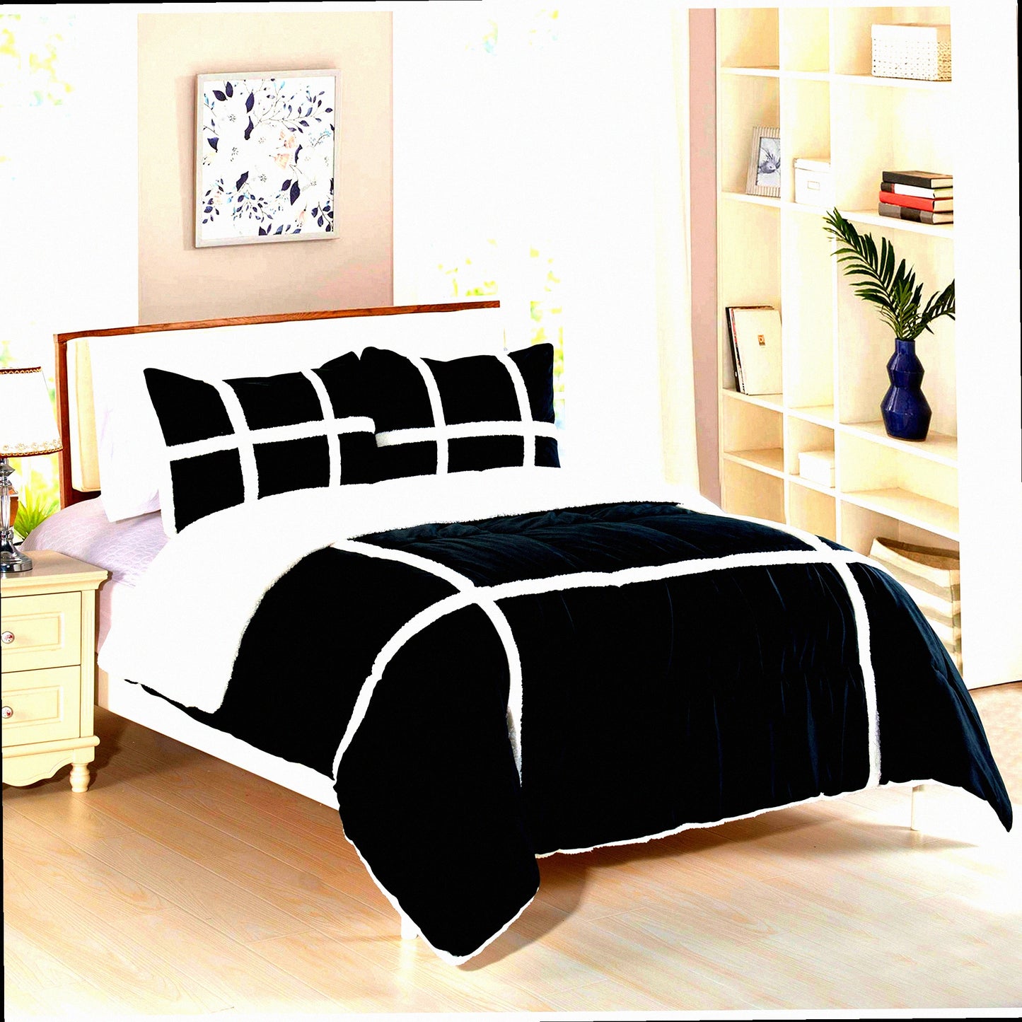 Luxury Plush Stripe Sherpa Comforter Set - Full/Queen Black - Soft Cozy Micromink Down Alternative Micro-Suede Reversible Bedding - Heavy Weight Quality