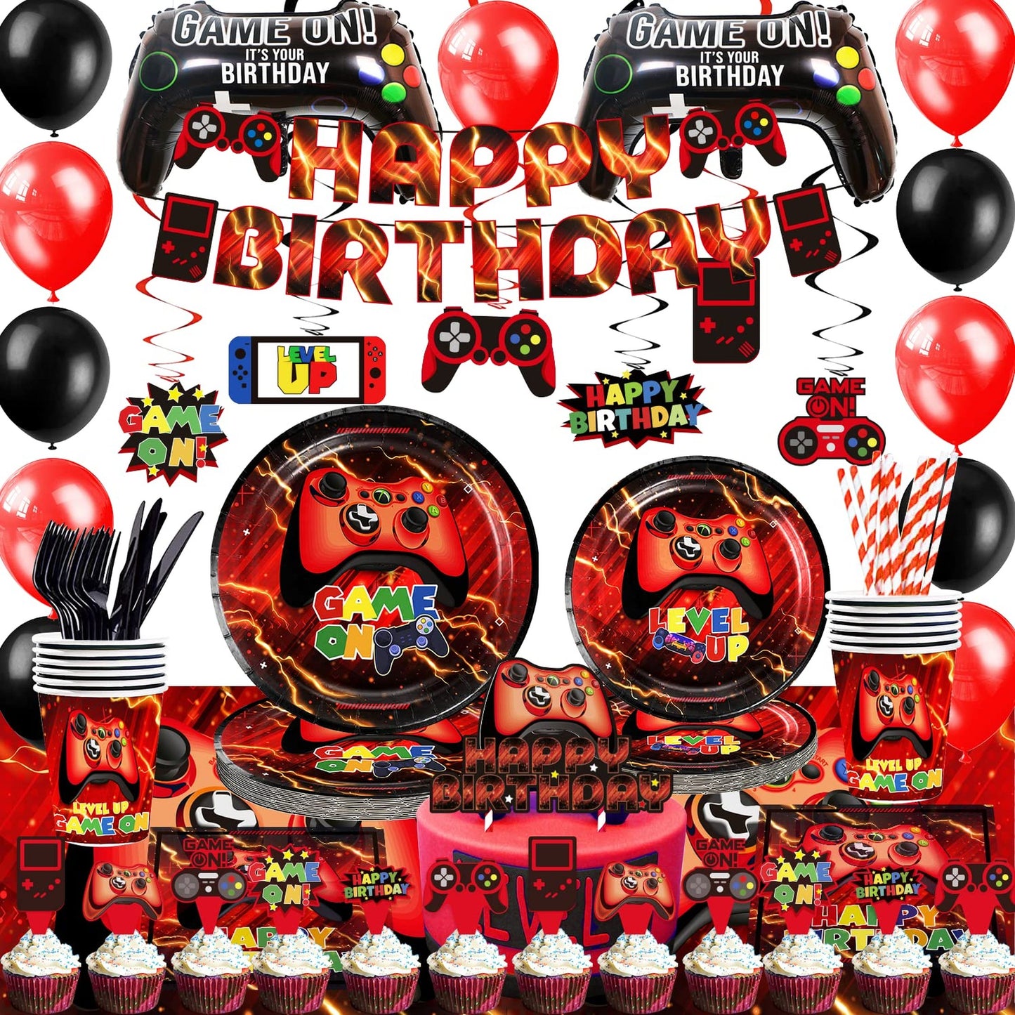 Red Gamer Party Pack - Complete 212Pcs Video Game Themed Supplies for Boys Birthday Celebration! Includes Table Cover, Plates, Cups, Napkins, Utensils, Hanging Swirls, Banner, Topper - Serves 16 Guests.