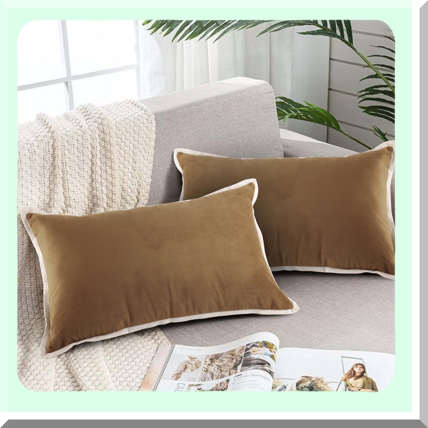 Luxury Velvet Brown Pillow Covers - Set of 2 Soft Solid Decorative Cushion Cases for Sofa & Bedroom 12X20 - Elegant Home Decor Accessories