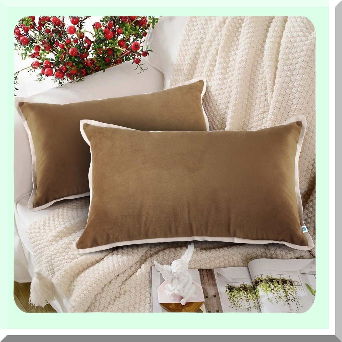 Luxury Velvet Brown Pillow Covers - Set of 2 Soft Solid Decorative Cushion Cases for Sofa & Bedroom 12X20 - Elegant Home Decor Accessories