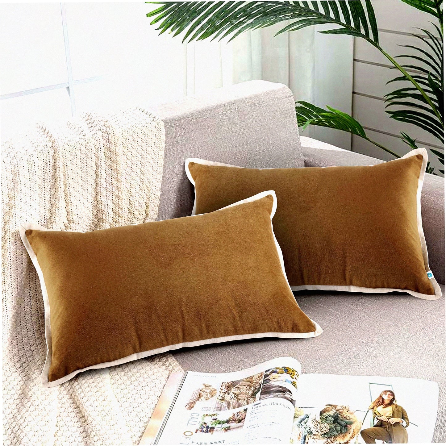 Luxury Velvet Brown Pillow Covers - Set of 2 Soft Solid Decorative Cushion Cases for Sofa & Bedroom 12X20 - Elegant Home Decor Accessories
