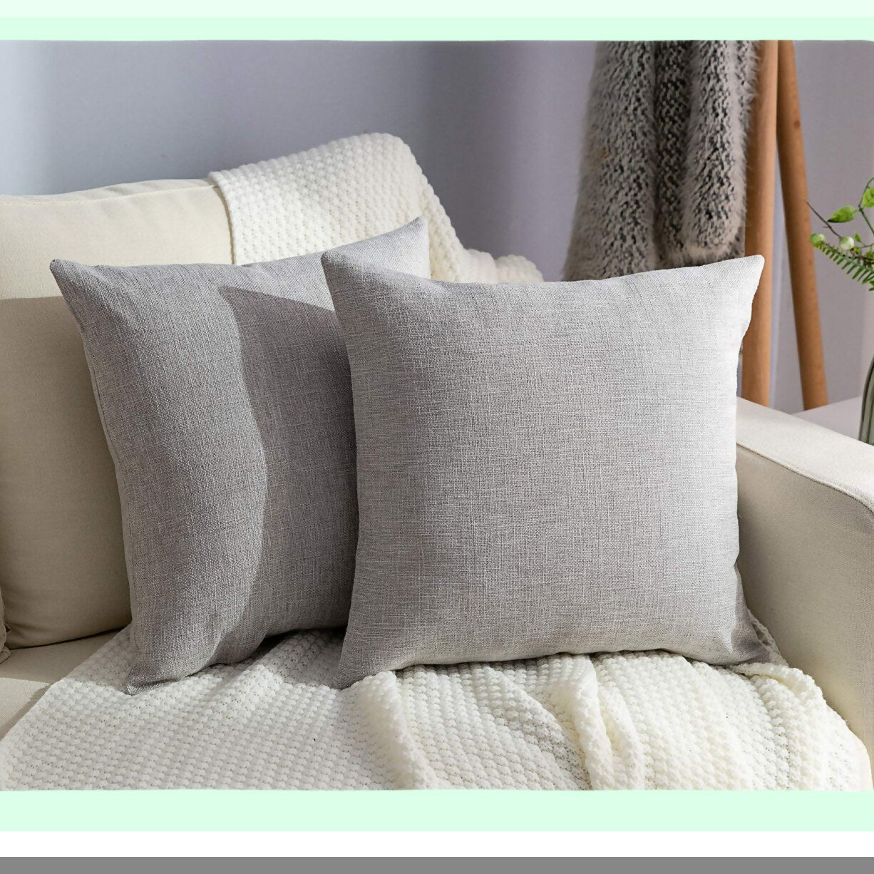 Farmhouse Linen Cushion Covers - Set of 2 Grey Throw Pillow Cases 20x20 inch for Home Decor - Square Burlap Pillow Shams