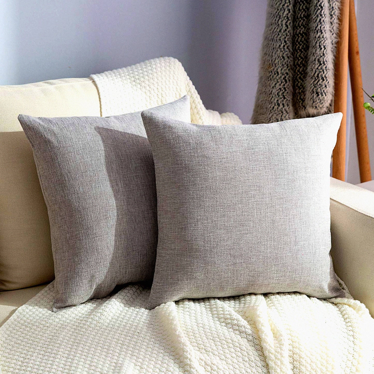 Farmhouse Linen Cushion Covers - Set of 2 Grey Throw Pillow Cases 20x20 inch for Home Decor - Square Burlap Pillow Shams