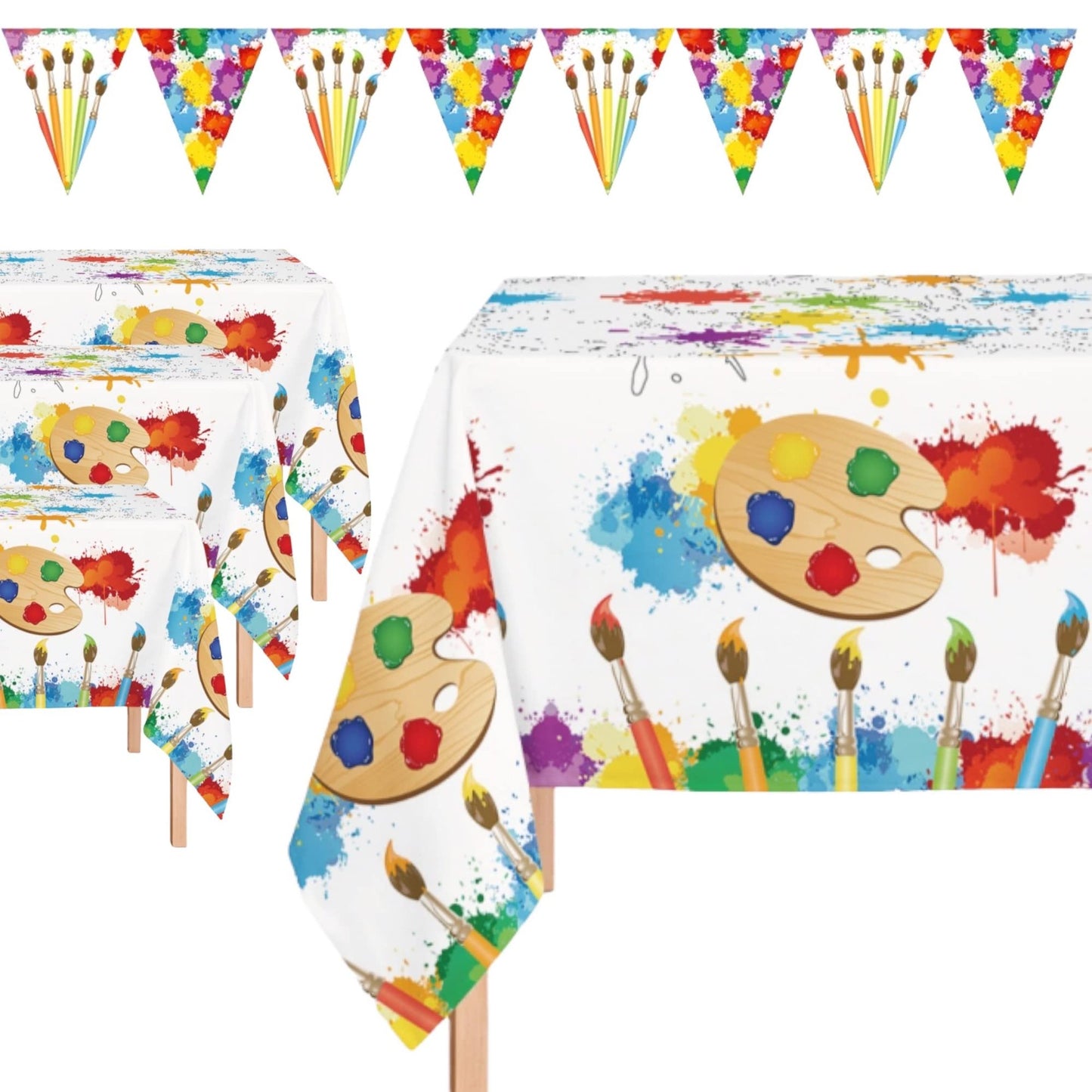 Artistic Party Pack: 3 Plastic Tablecloths & 2 Pennant Banners - Ideal for Art Themed Birthday Decorations & Painting Supplies Table Covers, 54"x108"