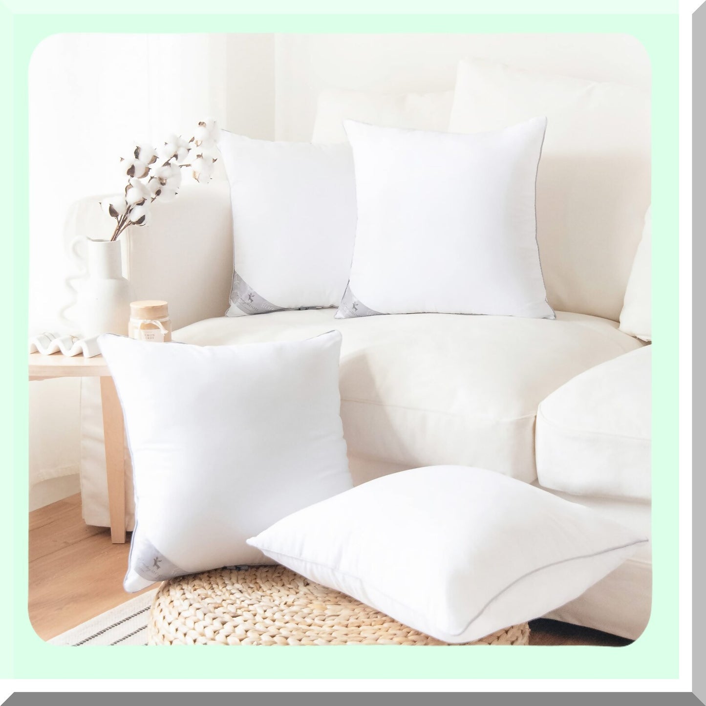 SoftTouch Microfiber Square Pillow Inserts - Set of 4 White Piping Design Cushions for Bed, Couch, Sofa - 20x20 Inch 4-Pack Cozy Pillows