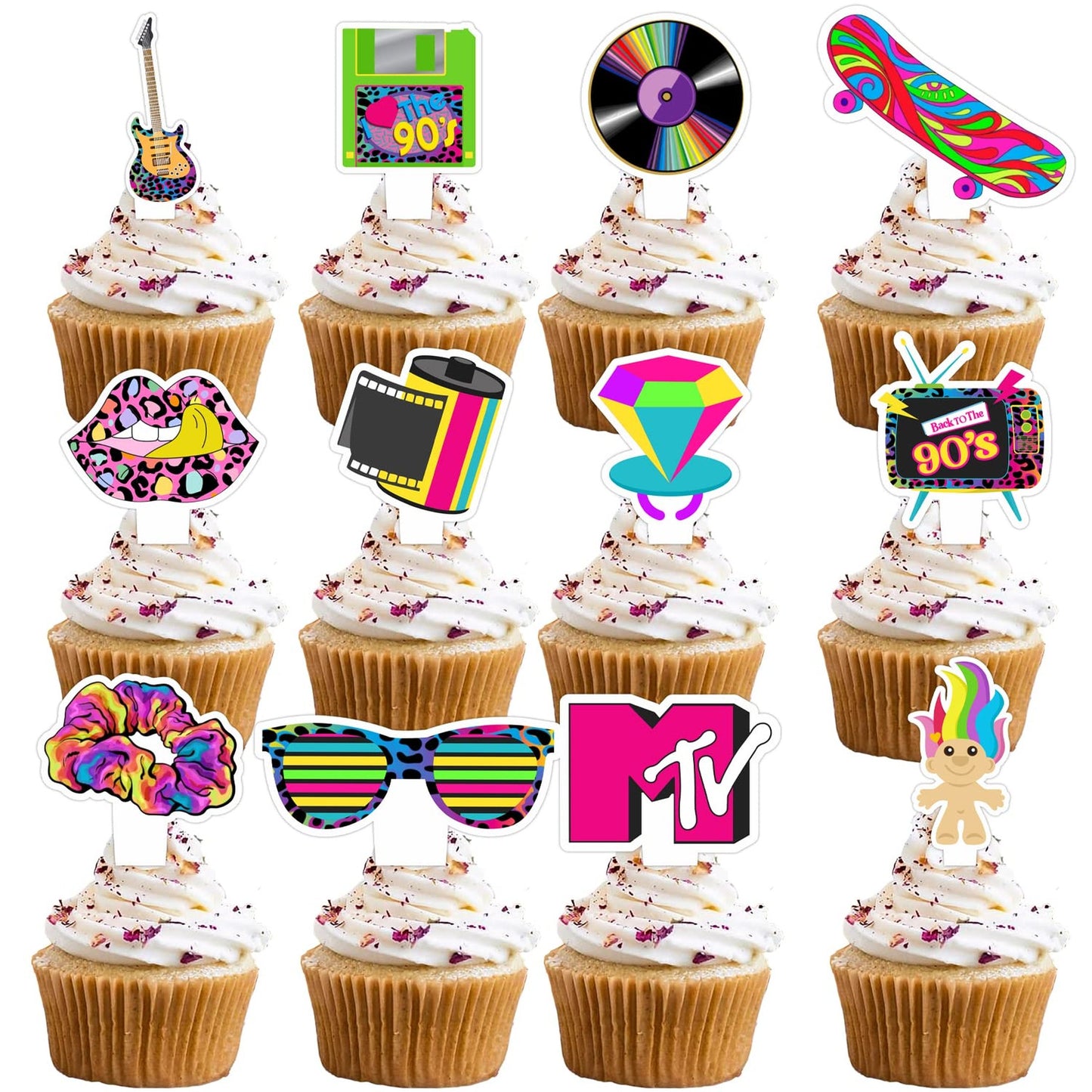 Retro Rock Roll Cupcake Topper Picks - 24pcs Double-sided Dessert Decor for 90s Theme Birthday Music Party Supplies Boys Girls Decorations