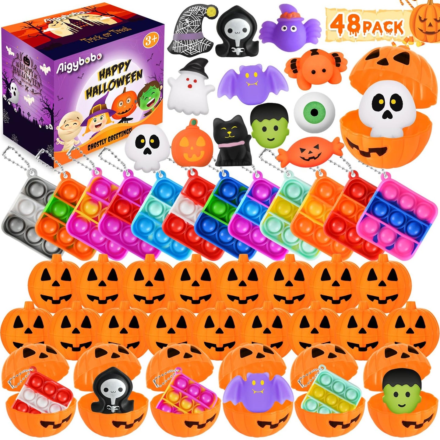 Pumpkin Party Pack: 48 Toy Favors for Kids with Bubble Push Keychain. Perfect for Halloween Treat Bags, Classroom Prizes, Stress Relief Toys in Bulk.