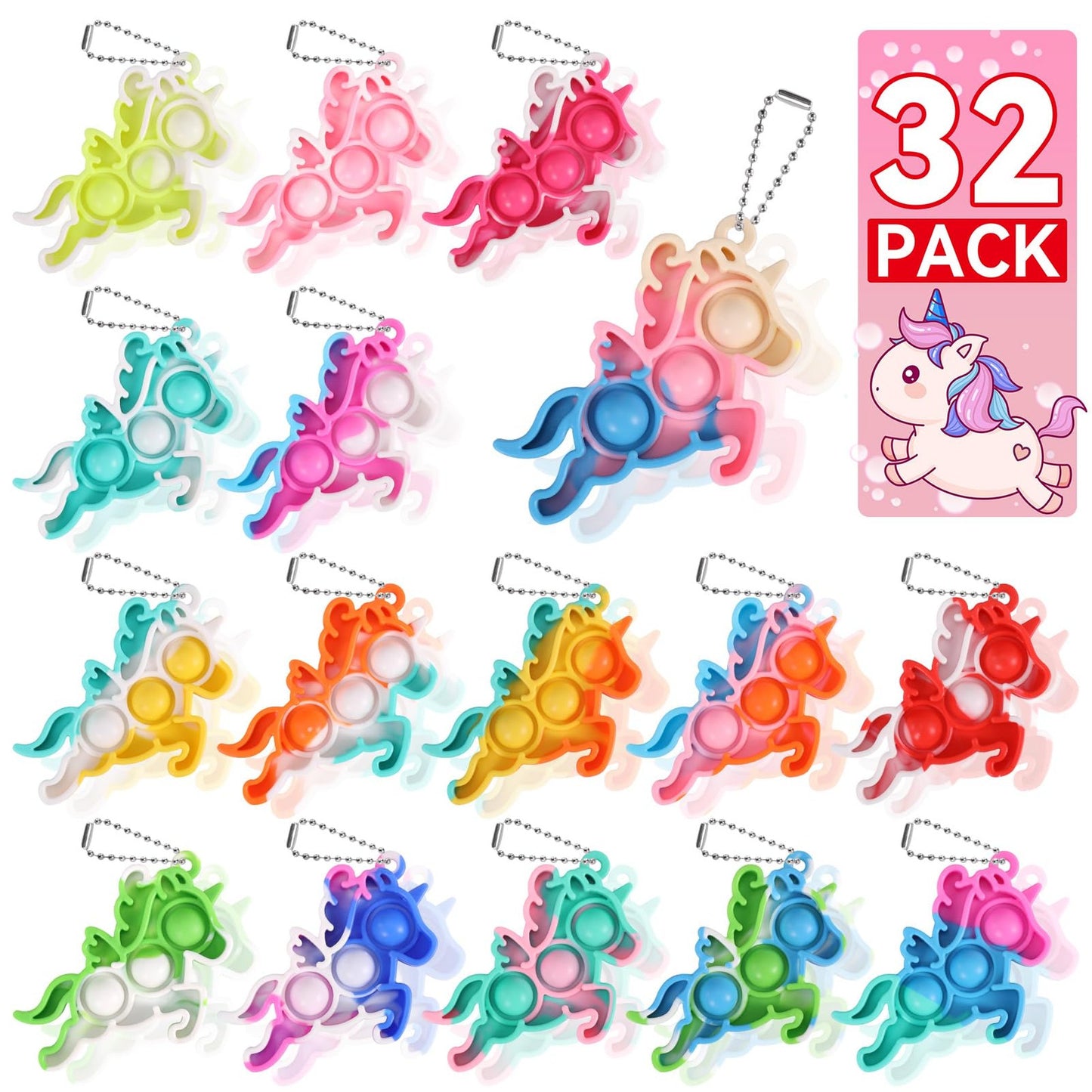 Unicorn Pop Fidget Party Pack - 32 Fun Toys for Kids! Perfect for Goodie Bags, Pinata Stuffers, Birthday Favors, Clroom Prizes, and More!
