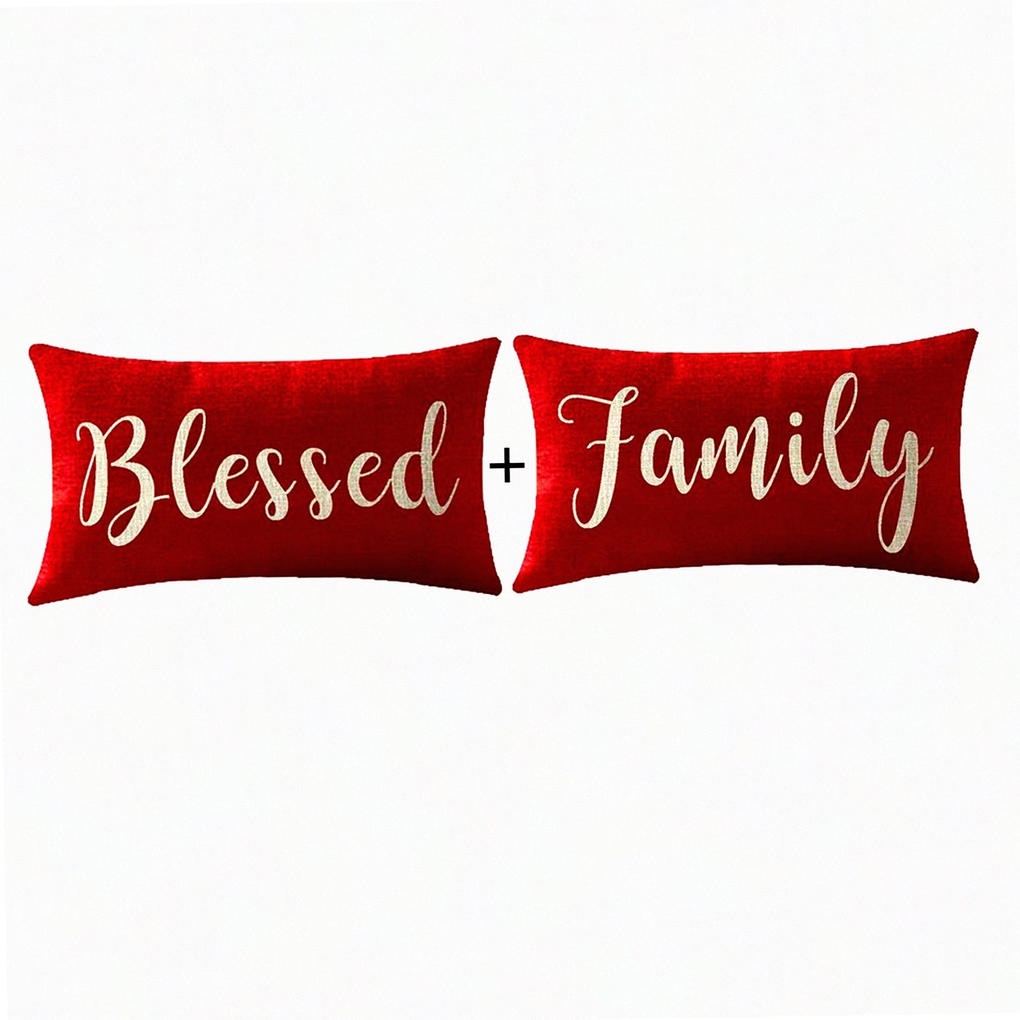 Blessed Family Words Waist Lumbar Red Cotton Linen Throw Pillow Case - Set of 2 | Home Decorative Cushion Cover for Sofa - Rectangle 12x20 Inches