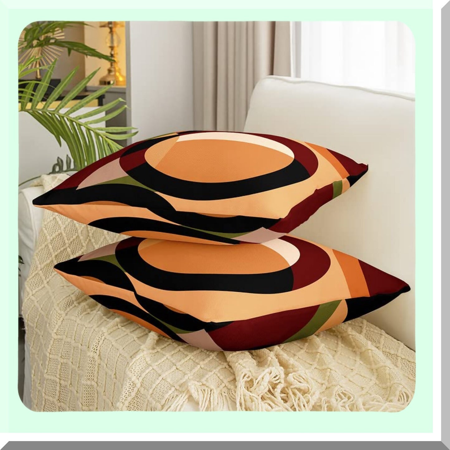GeoStripe Decorative Pillow Cover Set - Brown Red Green Square Cushion Case for Couch Sofa Bedroom Living Room - Soft Geometry Stripe Line Design - Pack of 4, 16x16 Inches