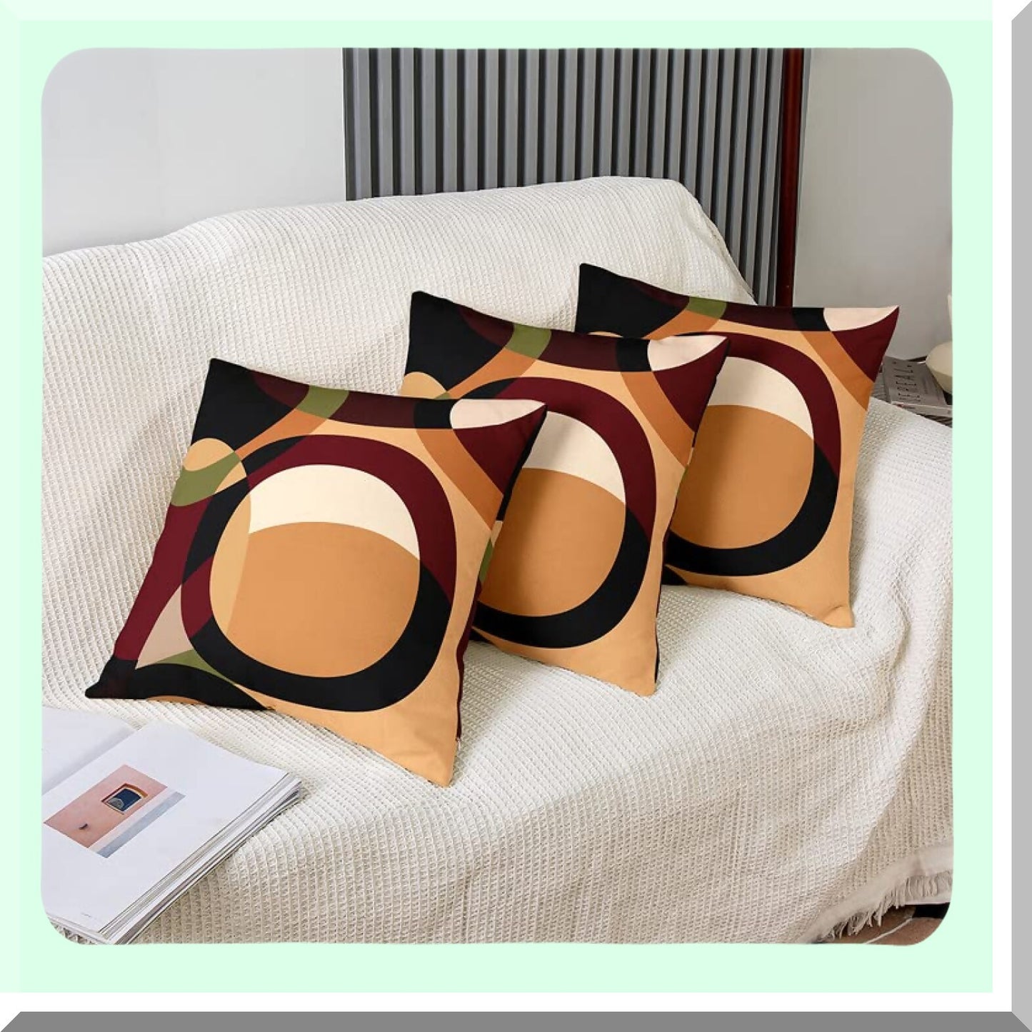 GeoStripe Decorative Pillow Cover Set - Brown Red Green Square Cushion Case for Couch Sofa Bedroom Living Room - Soft Geometry Stripe Line Design - Pack of 4, 16x16 Inches