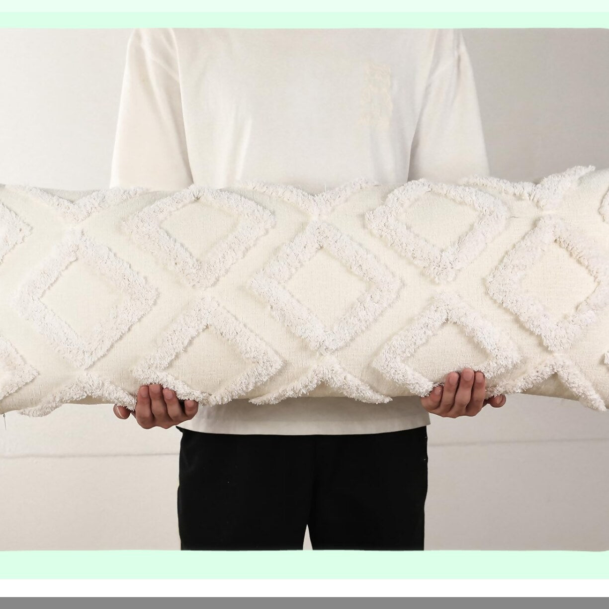 Boho Chenille Lumbar Pillow Cover - Soft Extra Long Case for Bed Sofa Couch - Farmhouse Livingroom Decor - Modern Skinny Design - White 14x36
