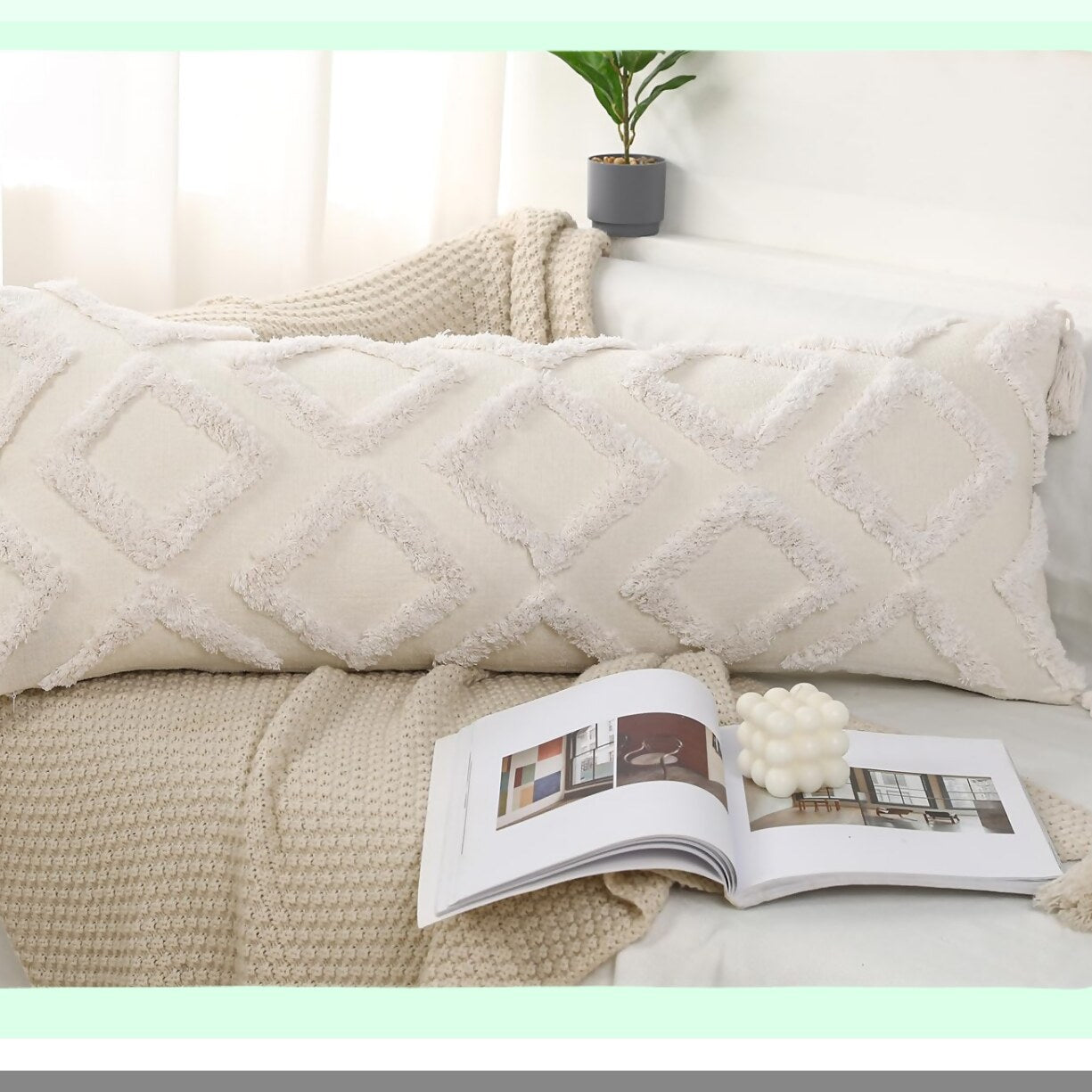 Boho Chenille Lumbar Pillow Cover - Soft Extra Long Case for Bed Sofa Couch - Farmhouse Livingroom Decor - Modern Skinny Design - White 14x36