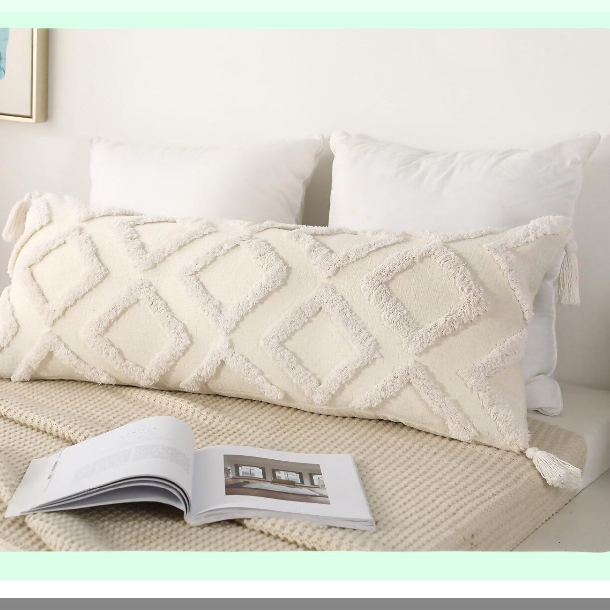 Boho Chenille Lumbar Pillow Cover - Soft Extra Long Case for Bed Sofa Couch - Farmhouse Livingroom Decor - Modern Skinny Design - White 14x36