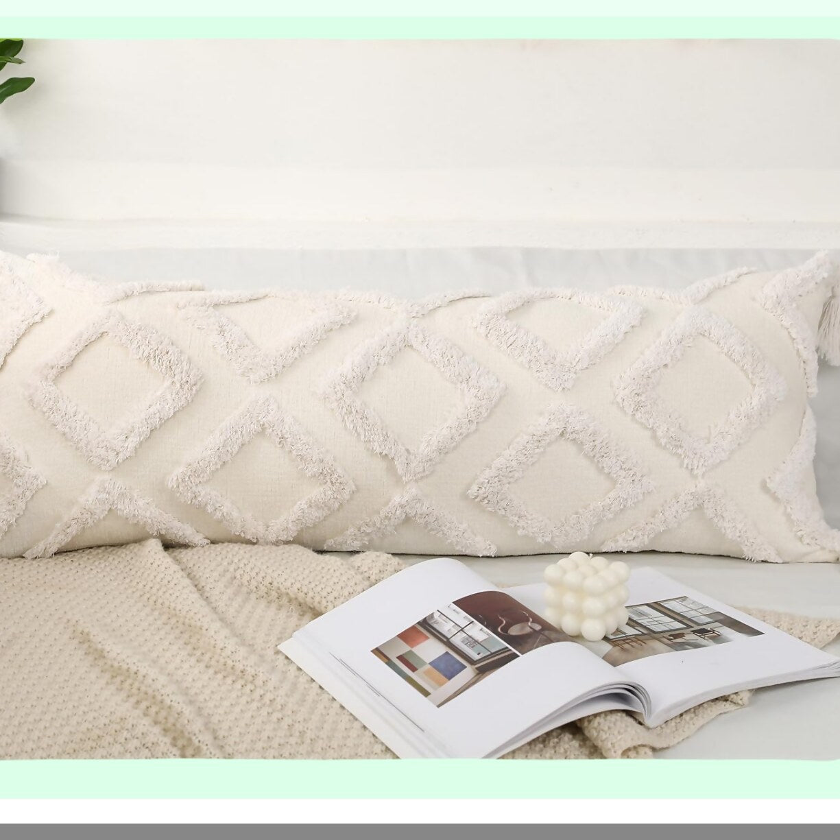 Boho Chenille Lumbar Pillow Cover - Soft Extra Long Case for Bed Sofa Couch - Farmhouse Livingroom Decor - Modern Skinny Design - White 14x36