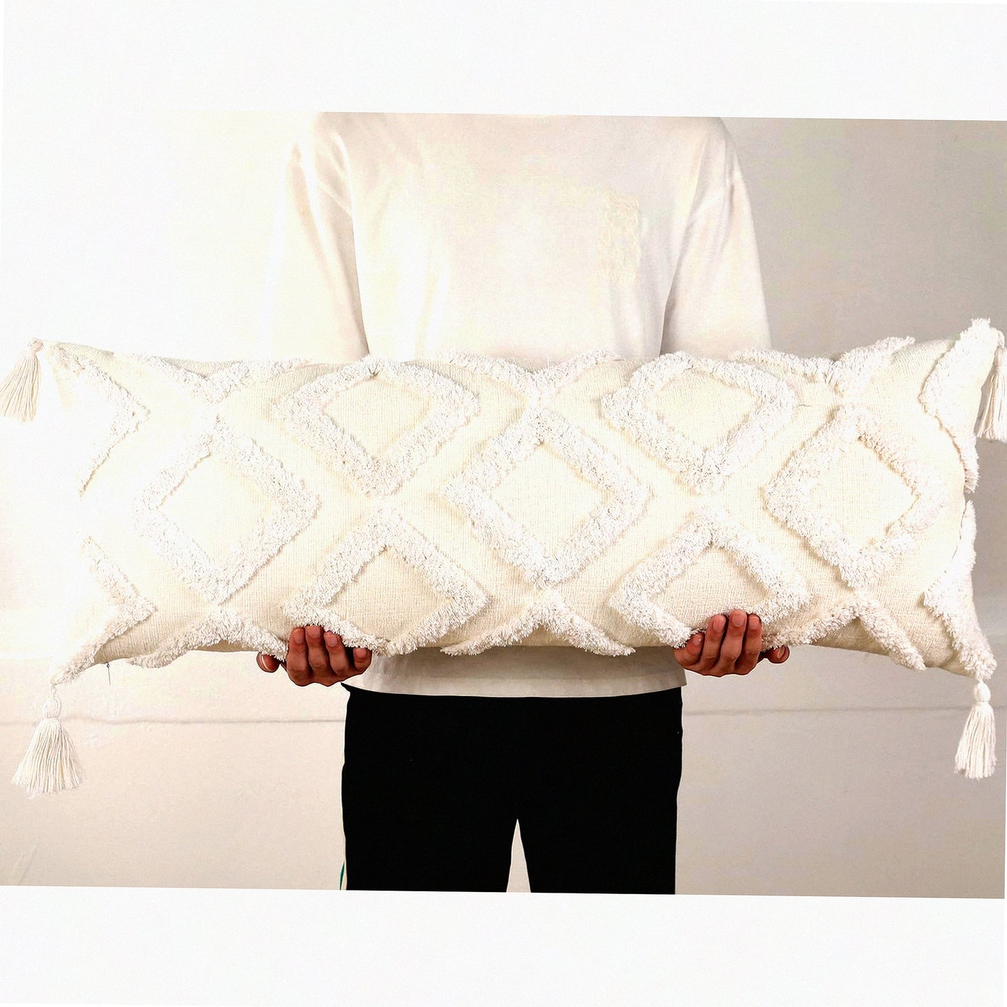 Boho Chenille Lumbar Pillow Cover - Soft Extra Long Case for Bed Sofa Couch - Farmhouse Livingroom Decor - Modern Skinny Design - White 14x36