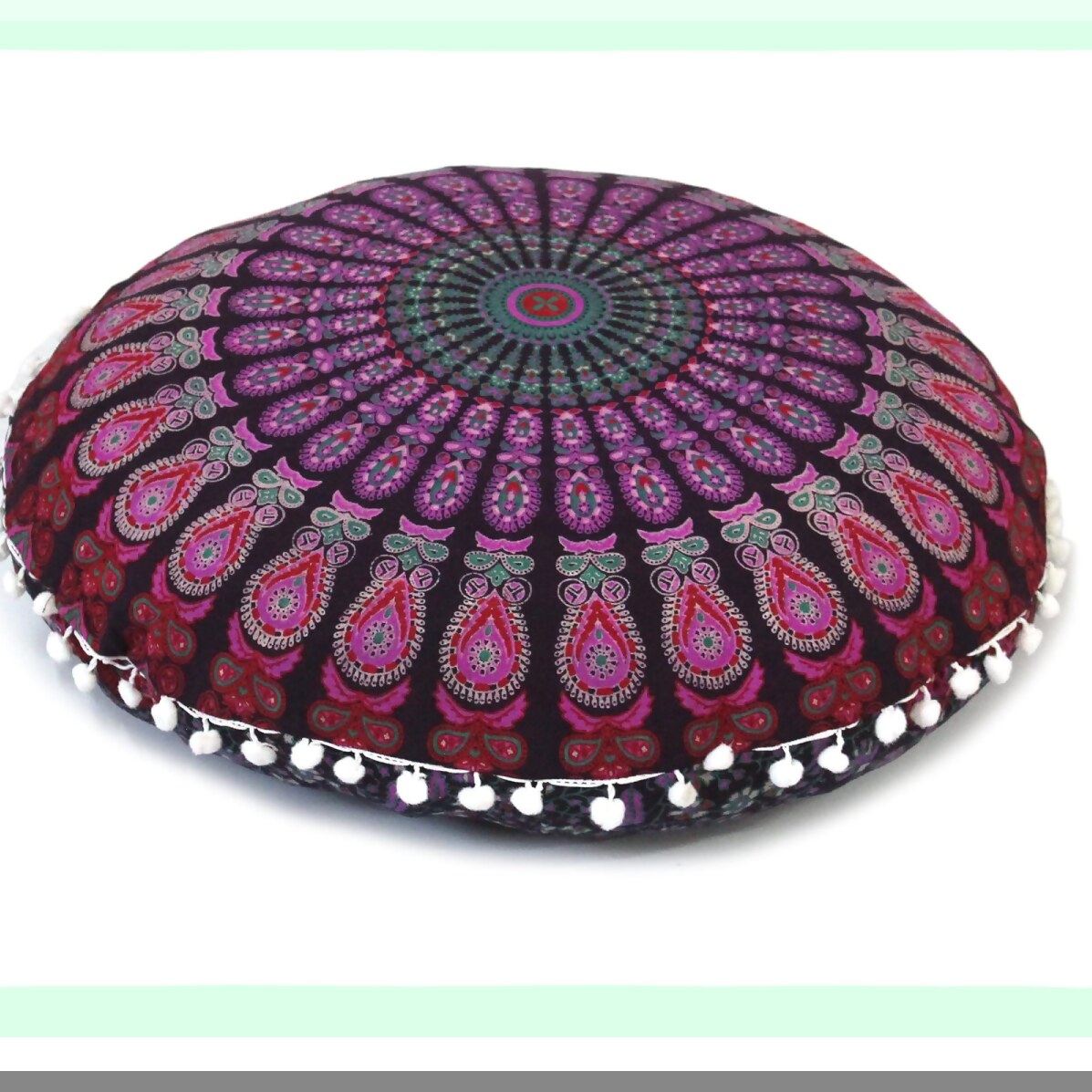 Bohemian Circle Meditation Pouf - Round Seating Cushion for Adults, Pink Peacock Cotton Cover, Outdoor Living Room Yoga Decor, 22 Inch