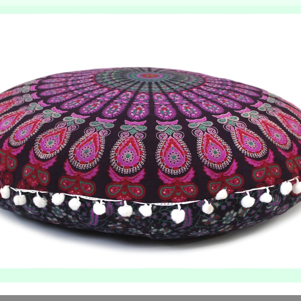 Bohemian Circle Meditation Pouf - Round Seating Cushion for Adults, Pink Peacock Cotton Cover, Outdoor Living Room Yoga Decor, 22 Inch