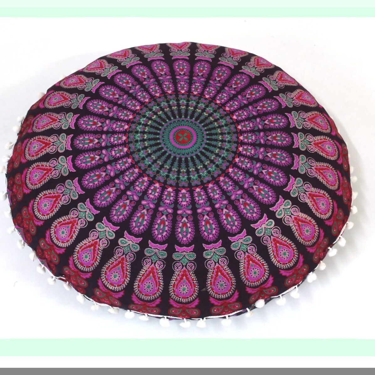 Bohemian Circle Meditation Pouf - Round Seating Cushion for Adults, Pink Peacock Cotton Cover, Outdoor Living Room Yoga Decor, 22 Inch