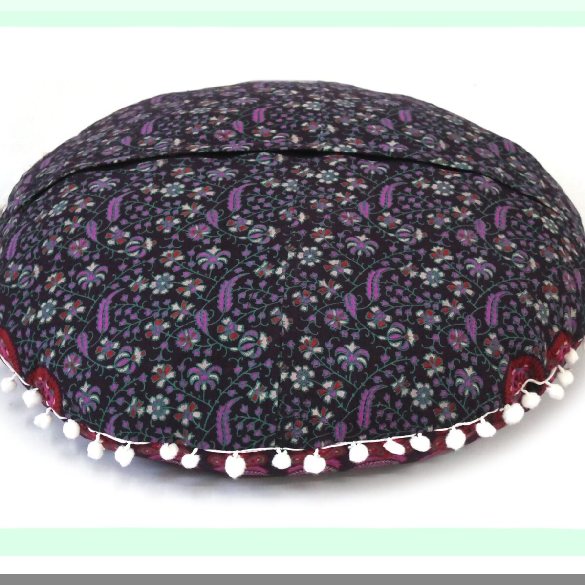 Bohemian Circle Meditation Pouf - Round Seating Cushion for Adults, Pink Peacock Cotton Cover, Outdoor Living Room Yoga Decor, 22 Inch